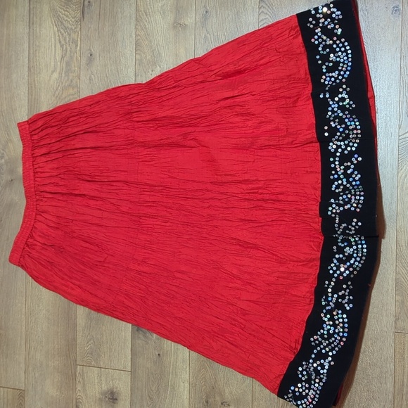 Zashi Boho Gypsy Witch Red A-Line Crinkle Skirt Silk Blend Black Velvet Hem M - Picture 1 of 8